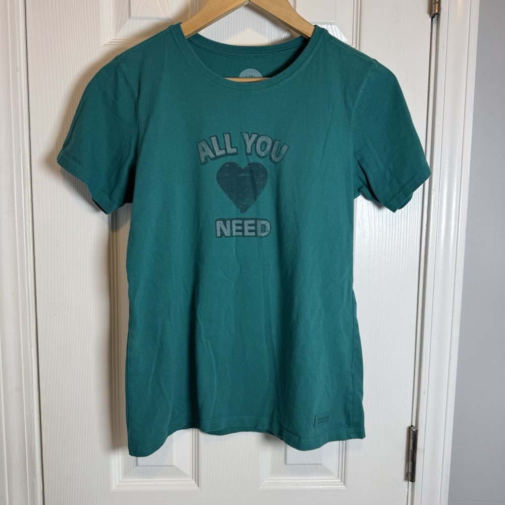 Life Is Good Women's All You Need Love Graphic T-shirt GreenTeal Blue Size Small